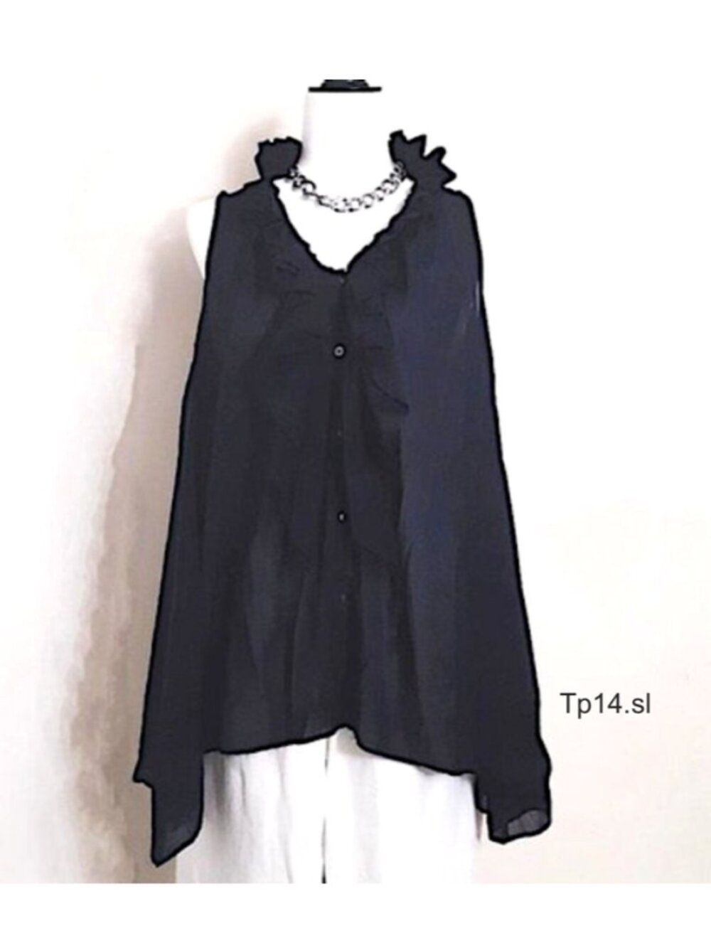JEWEL CHANGES Navy Blue A-Line Top Ruffled V-Neckline Button Front Sleeveless
